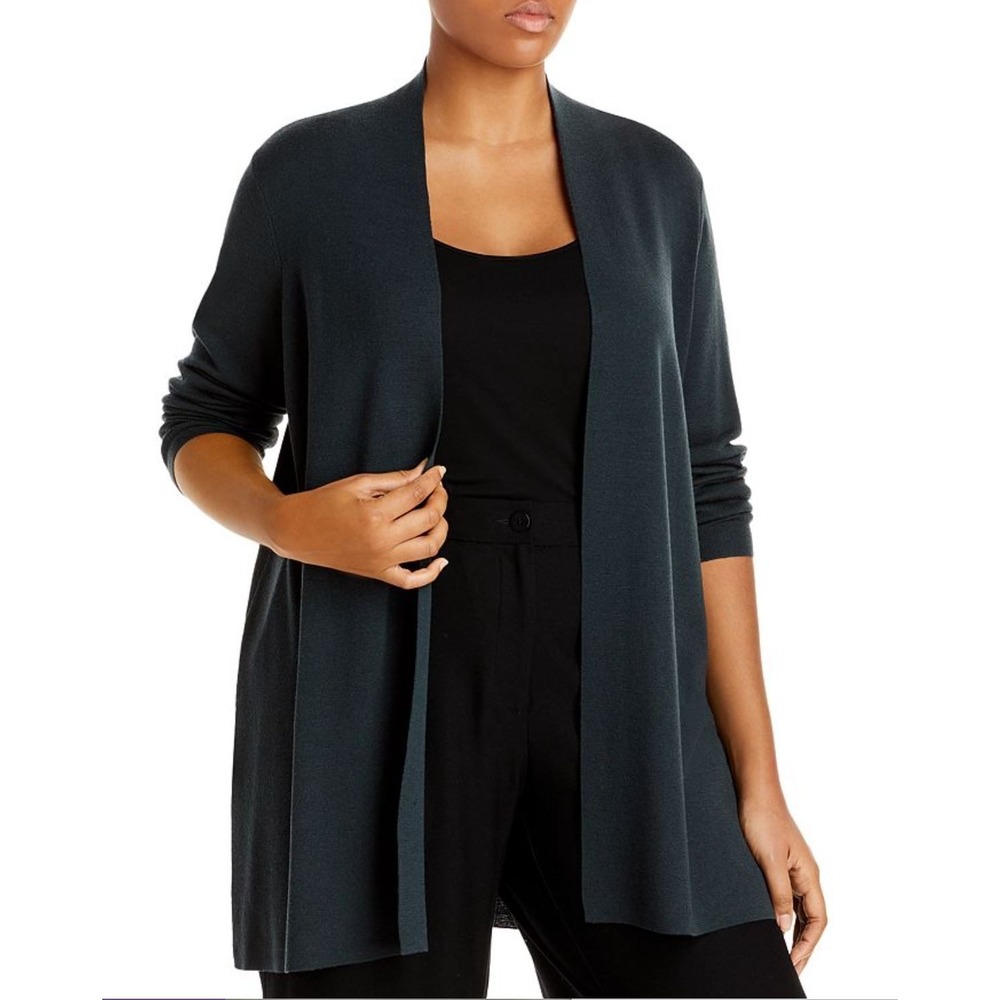EILEEN FISHER Open Front Long Cardigan Superfine Merino Wool Charcoal Grey Sz S